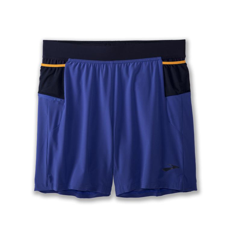 Brooks SHERPA 7 2-IN-1 Running Shorts Mens Canada - Amparo Blue/Navy/Fluoro Orange (VIO394085)